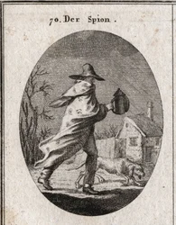 Allegorie van de spion. Zijn jas is bezaaid met ogen en oren en hij houdt een doof lantaarn vast. Een brakke hond ruikt het terrein. Gravure in 