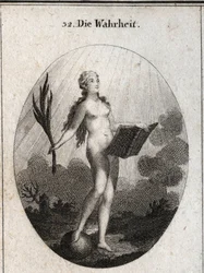 Allegorie van de waarheid, naakt zonder kunstgrepen en natuurlijke uitstraling kijkt naar het licht van de zon. De palm symboliseert de triomf van fraude en het boek vertegenwoordigt studie. Gravure in “Iconologie oder Ideen aus dem Gebiete der Leidenschaf