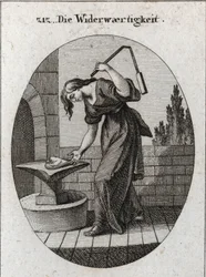 Allegorie van beproeving. Ze houdt een hart op een aambeeld en slaat het met een kleine bloem om aan te geven dat beproeving alles wat ruw en onrein is wegneemt. Gravure in 