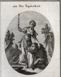 Allegorie van waarde, gekroond met laurier, ze streelt een leeuw getemd door haar. De hoge scepter betekent dat haar moed haar waardig maakt om te bevelen. Gravure in 