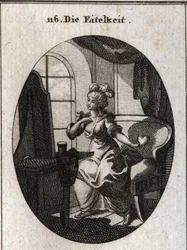 Allegorie van ijdelheid. Verlangend om te behagen en beschouwd te worden, wordt ze afgebeeld voor haar toilet terwijl ze zichzelf vleit voor de spiegel met een hart in haar hand. Gravure in 