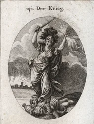 Allegorie van oorlog. Ze houdt een bliksem en een naakt zwaard vast en breekt onder haar voeten gouden en zilveren vazen en een standbeeld van de god Plutus dat wordt gesymboliseerd door een hoorn van overvloed en een blinddoek. Onderaan de muren van een v