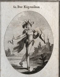 Allegorie van gril. Zijn kostuum en veren markeren de wispelturigheid van de grillen van de grillige. De blaasbalg en de spoor die hij vasthoudt, tonen aan dat hij zowel deugd als ondeugd prijst.