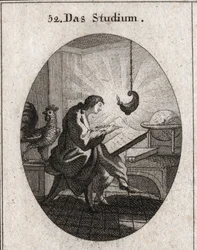 Allegorie van schrijven aan een bureau verlicht door licht. De haan is het attribuut van waakzaamheid. Gravure in 