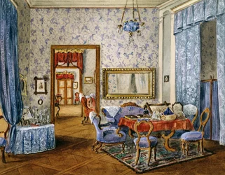 Slaapkamer in Biedermeierstijl, circa 1830, aquarel, Oostenrijk