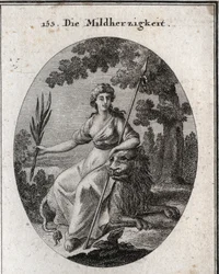 Clemence allegorie. Ze wordt afgebeeld met een speer en een olijftak om aan te geven dat ze de macht heeft om te straffen maar ook om te vergeven. De leeuw is het attribuut van generositeit. Gravure in 
