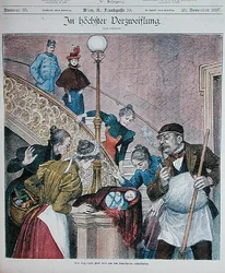 Omslag van een Oostenrijks tijdschrift met een baby achtergelaten op een trap van een flatgebouw, 28 november 1897