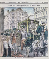 Keizer Franz Josef van Oostenrijk arriveert bij de Stephansdom in Wenen om het feest van Corpus Christi (Fronleichnam) te vieren, 1897