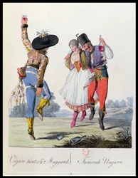 Hongaarse dansers in traditionele kleding, illustratie uit een boek Costumes de Pannonie door J.H. de Bikkesy, gepubliceerd in Wenen, 1810