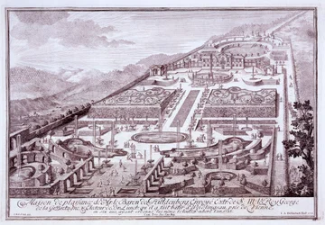 Prachtige tuinen en paleis van Baron de Huldenburg, gebouwd door hem in Widlingsau, 1719
