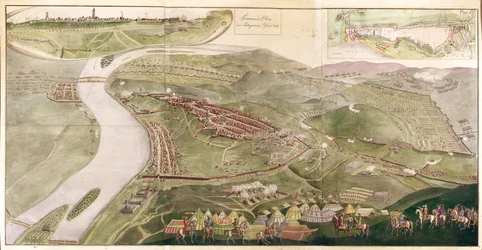 Kaart die de verovering van Buda illustreert, 1686 (kleurgravure)