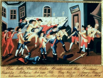 De arrestatie van Albrecht von Wallenstein (1583-1634) in Eger door een troep Ierse en Schotse officieren onder bevel van generaal Butler