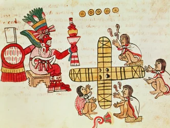 Gokken Patoli en de god, Xochipilli, uit Codex Magliabechiano