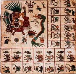 Representatie van Quetzalcoatl en Tezcatlipoca, Azteekse goden en vakjes die overeenkomen met de kalender. Pagina van het Azteekse manuscript op schors 
