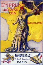Poster voor De Lening van Bevrijding 1918: Abonneer! - ill. door B. Chavannaz, Alle Rechten Voorbehouden.