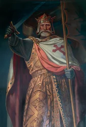 Tsjechië, Zuid-Bohemen, Kasteel Rozmberk, kruisvaarder, fresco door B. Strobl (detail)
