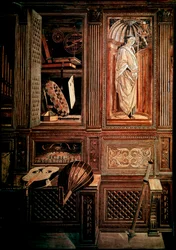 Studiolo van hertog Frederic III van Montefeltre, hertog van Urbino (Urbino), in het Italiaans Federico III da Montefeltro (1422-1482). Detail met voorstelling van een mazzocchio. Houten mozaïek, uitgevoerd door Baccio Pontelli (1450-92) naar tekeningen va