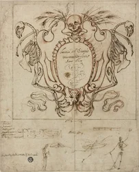 Funerair Cartouche met Inscriptie en Schetsen van Skeletten en Decoratieve Details