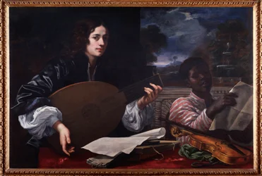 Portret van een luitspeler met een zwarte zanger