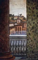Gebouwen bij water, detail van fresco in de Hal van Perspectieven