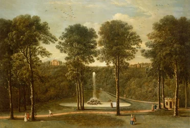 Gezicht op de fonteinvijver bij Hackfall, met het Banqueting House daarachter
