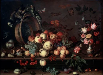 Stilleven met fruit, bloemen en papegaaien, 1620s