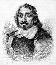 Samuel de Champlain, Franse ontdekkingsreiziger en kolonist (ca. 1567-1635). Kolonist van Canada. Gravure uit 1830 naar een serieus portret door Moncornet