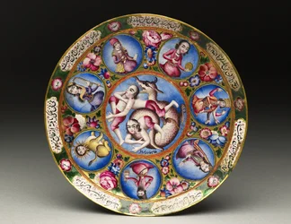 Kom met deksel, schotel en lepel met astrologische decoratie, begin 19e eeuw