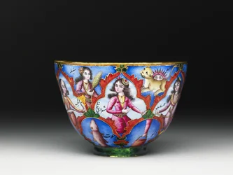 Kom met deksel, schotel en lepel met astrologische decoratie, begin 19e eeuw