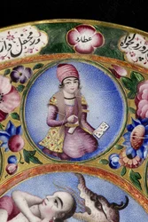 Gedekte kom, schotel en lepel met astrologische decoratie, begin 19e eeuw