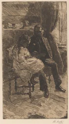 Interieur met een man en een meisje die samen een boek lezen