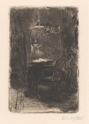 Interieur met spiegel en tafel met opengeslagen boek