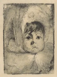 Portret van Elizabeth Mouton als kind met kap op het hoofd