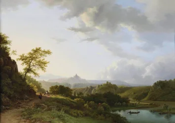 Een panoramisch zomerlandschap met reizigers en een kasteelruïne in de verte