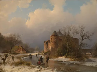 Een kasteel in een winterlandschap