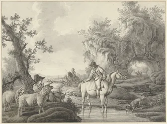 Landschap met een schaapherder en een ruiter bij een poel