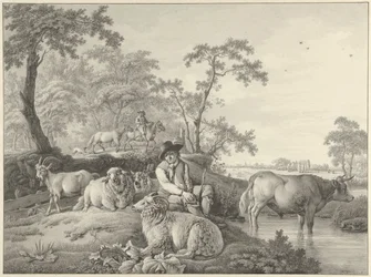 Schaapherder met schapen, een geit en een jonge stier in een landschap