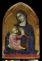 De Maagd Maria en het Kind Jezus Christus, dat een ketting van koraal draagt. Schilderij op hout door Barnaba da Modena (gedocumenteerd van 1361 tot 1383). Afmetingen 1,09 x 0,72 m. Parijs, Musée du Louvre.