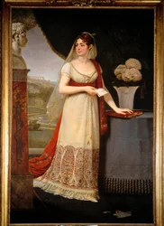 Portret van Josephine de Beauharnais (1763-1814) Ze kijkt naar een buste die haar zoon, Eugene Rose de Beauharnais genaamd Prins Eugene (1781-1824), afbeeldt, een Malmaison - Schilderij door Antoine Jean Gros (1771-1835)