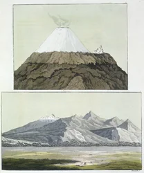 Top van de Cotopaxi (boven) en de uitbarsting van de Cotopaxi, 1803 (onder), uit 