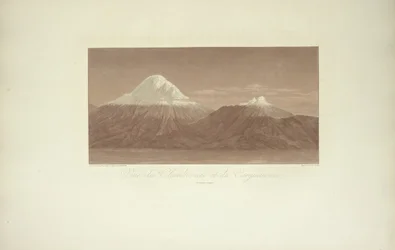 Uitzicht op Chimborazo en Carguairazo, getekend door Gmelin, gegraveerd door Arnold, illustratie uit "Vues des Cordillères et Monumens des Peuples Indigènes de l