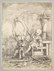 Chinese kinderen spelen met een papegaai, 1760-70