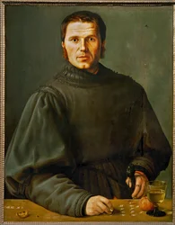 Portret van een scheidsrechter die punten noteert in een wedstrijd (schilderij op lindehout)