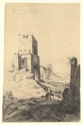 Uitzicht op Ponte Mammolo, een brug op de achtergrond, een toren met helling in het midden