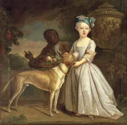Een jong meisje met een hond en een page