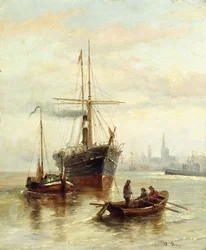Een havenscène met uitzicht op Venetië