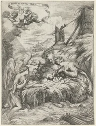 Aanbidding door Maria, Jozef en engelen