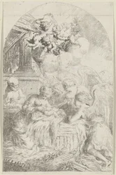 Christuskind aanbeden door drie engelen