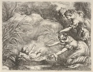 De vondst van Mozes die uit de Nijl wordt gered door de dienstmeisjes van de dochter van de farao