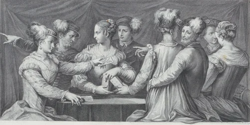Een groep elegant geklede mensen die kaarten spelen